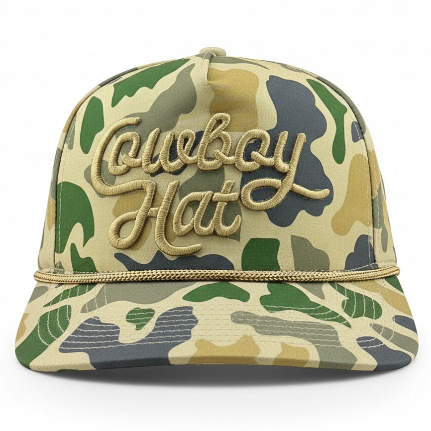 Duck Camo Script “Cowboy Hat” - 5-panel Trucker Hat