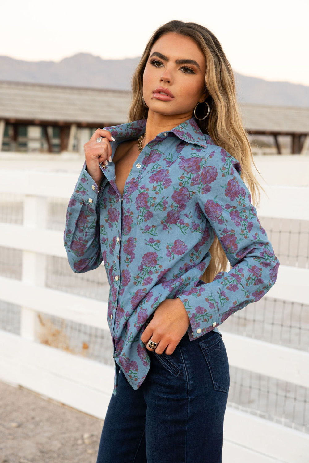 Denim Rose Button Up