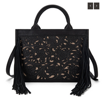 Trinity Ranch Floral Tooled Fringe Concealed Carry Tote/Crossbody - Black