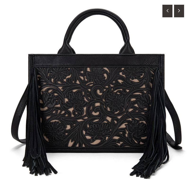 Trinity Ranch Floral Tooled Fringe Concealed Carry Tote/Crossbody - Black