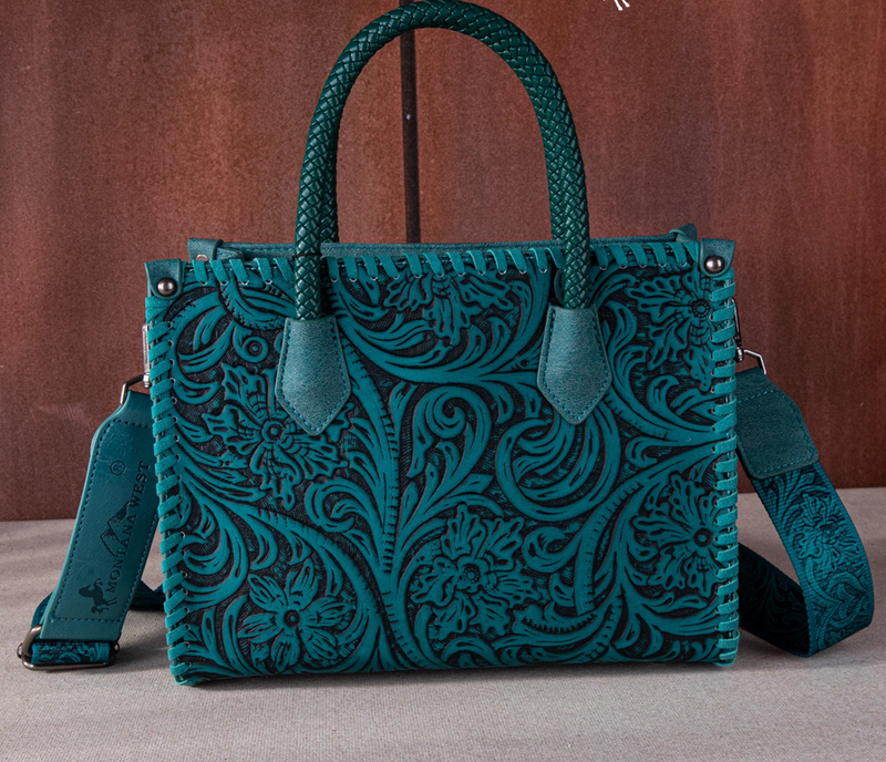 Montana West Embossed Floral Tote/Crossbody - Turquoise