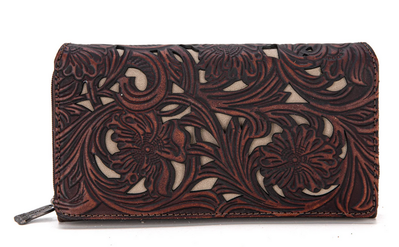 Trinity Ranch Floral Tooled Collection Wallet - Coffee